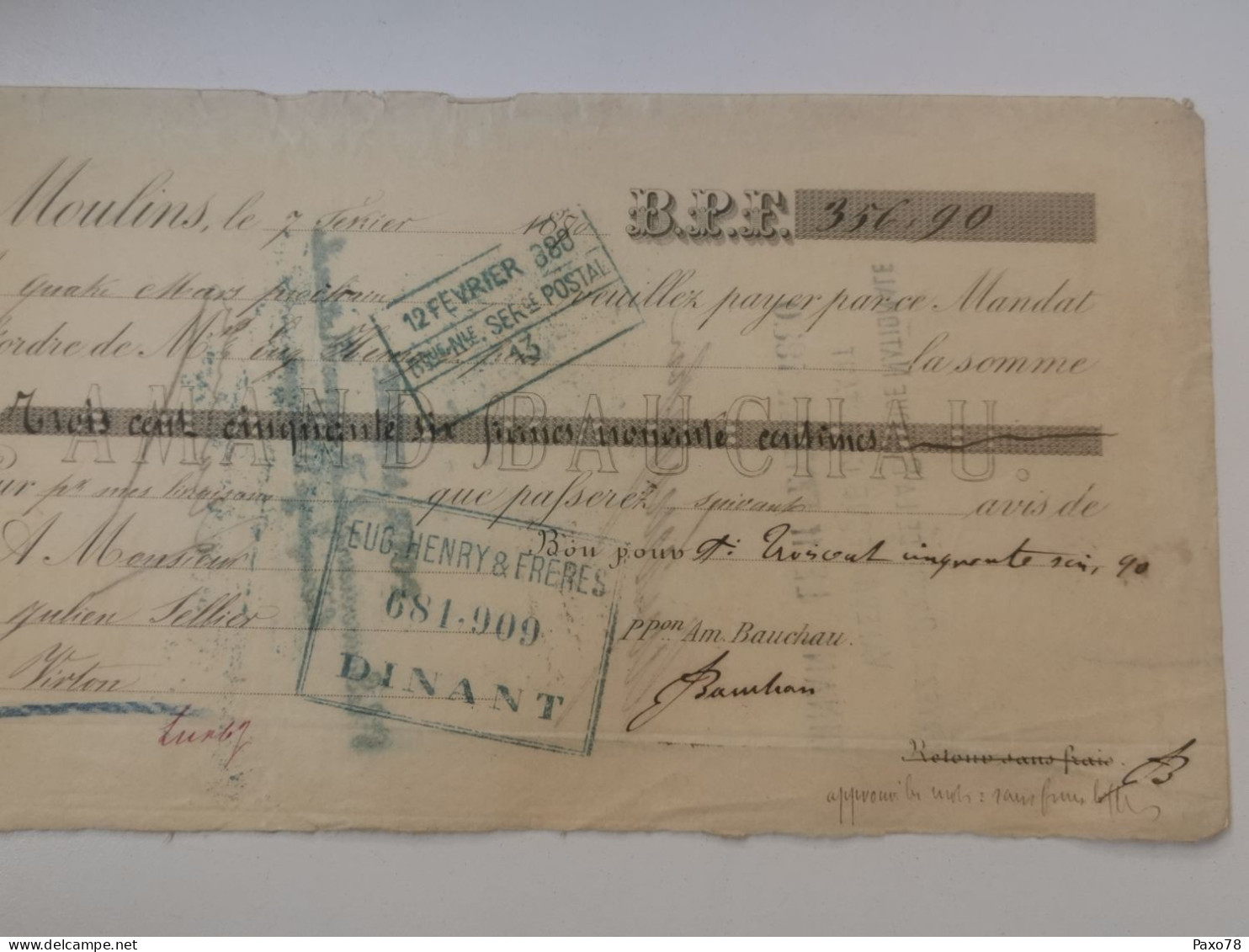 Belgique, Note De Crédit, Amand Bauchau, Moulins 1880 Avec Timbre Leopold II - Documents