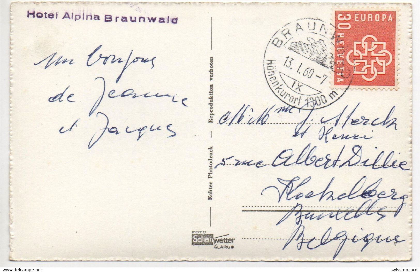 BRAUNWALD Sesselbahn Gel. 1960 Stempel Hotel Alpina Braunwald - Braunwald