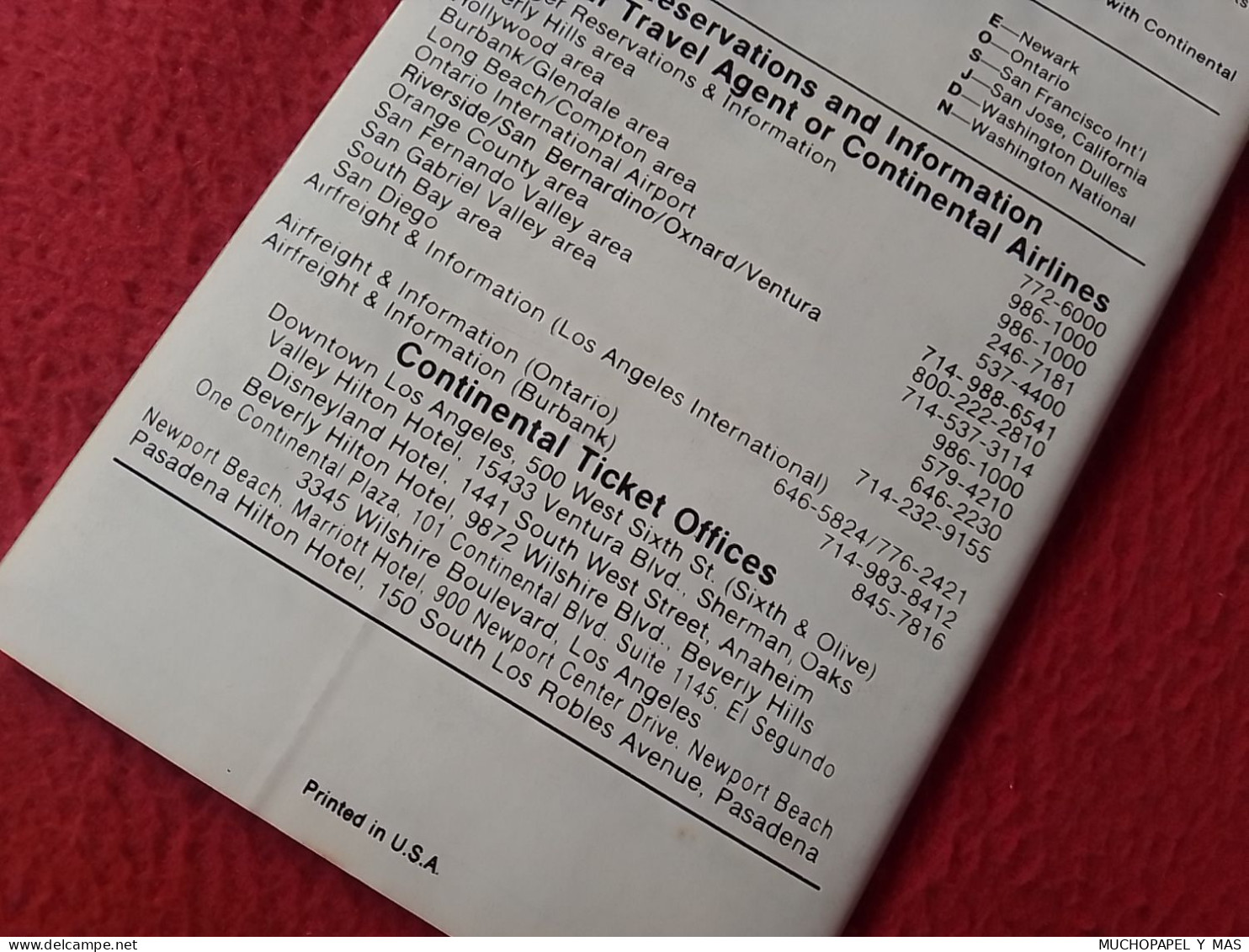 ANTIGUO FOLLETO GUÍA O SIMIL AÑO 1978 CONTINENTAL AIRLINES QUICK REFERENCE SCHEDULE LOS ANGELES..HOLLYWOOD BURBANK ETC..