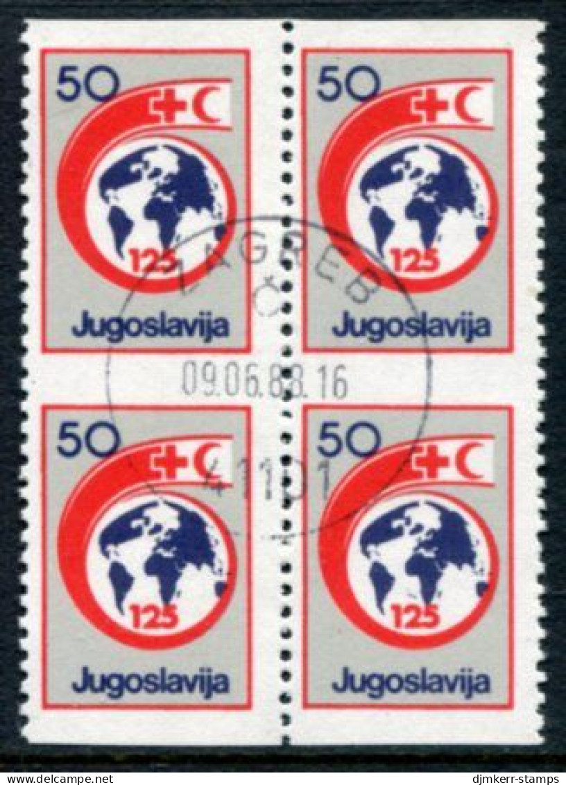 YUGOSLAVIA 1988 Red Cross Week Tax 50 D. Block Of 4 Imperforate Horizontally, Cancelled.  Michel ZZM 154 - Imperforates, Proofs & Errors