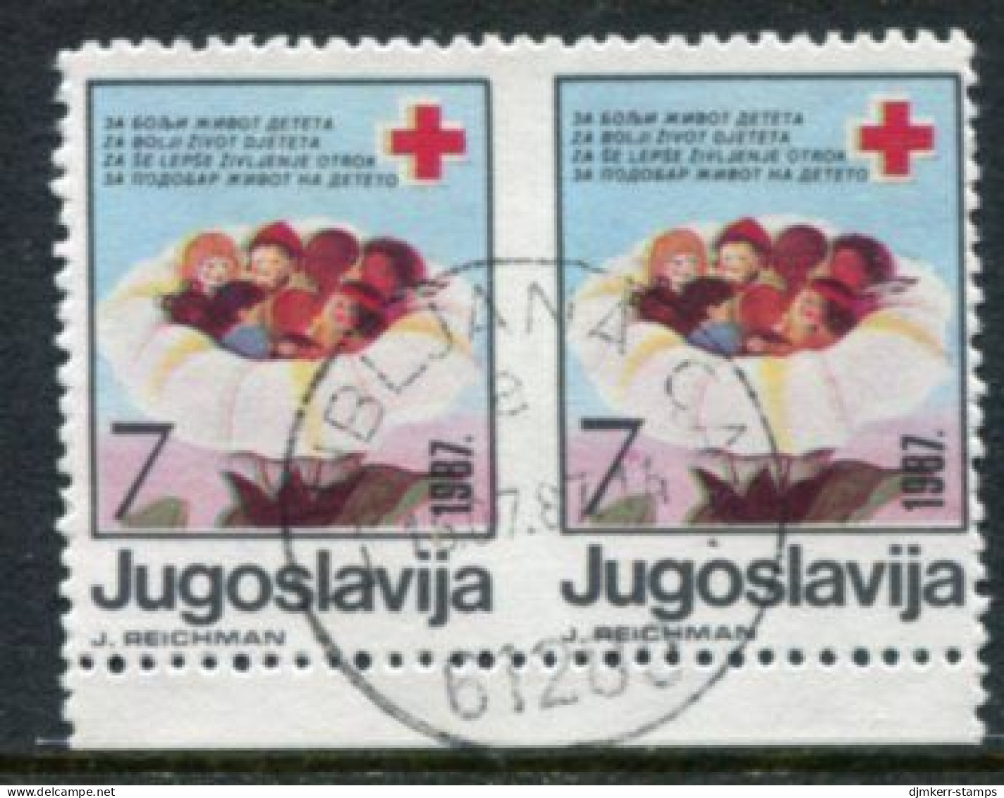 YUGOSLAVIA 1987 Red Cross Week Tax 7 D. Pair Imperforate Between, Cancelled.  Michel ZZM 127 - Imperforates, Proofs & Errors