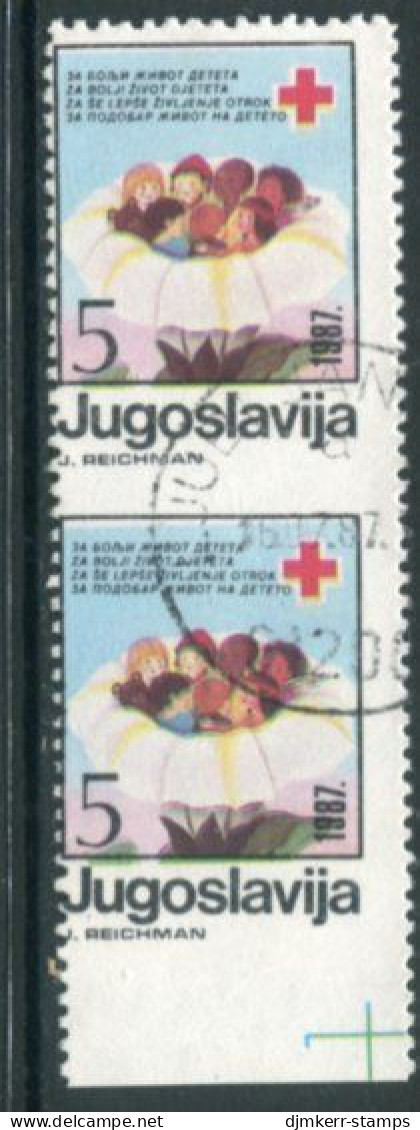 YUGOSLAVIA 1987 Red Cross Week Tax 5 D. Pair Imperforate Between And At Margin, Cancelled.  Michel ZZM 125 - Geschnittene, Druckproben Und Abarten