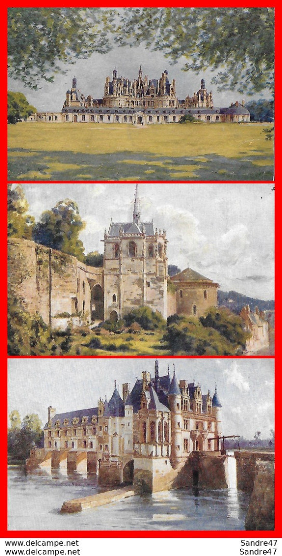 3 CPA Illustrateur E. BOURGEOIS. Les Châteaux De La Loire.  Chambord / Amboise / Chenonceaux..*7841 - Bourgeois