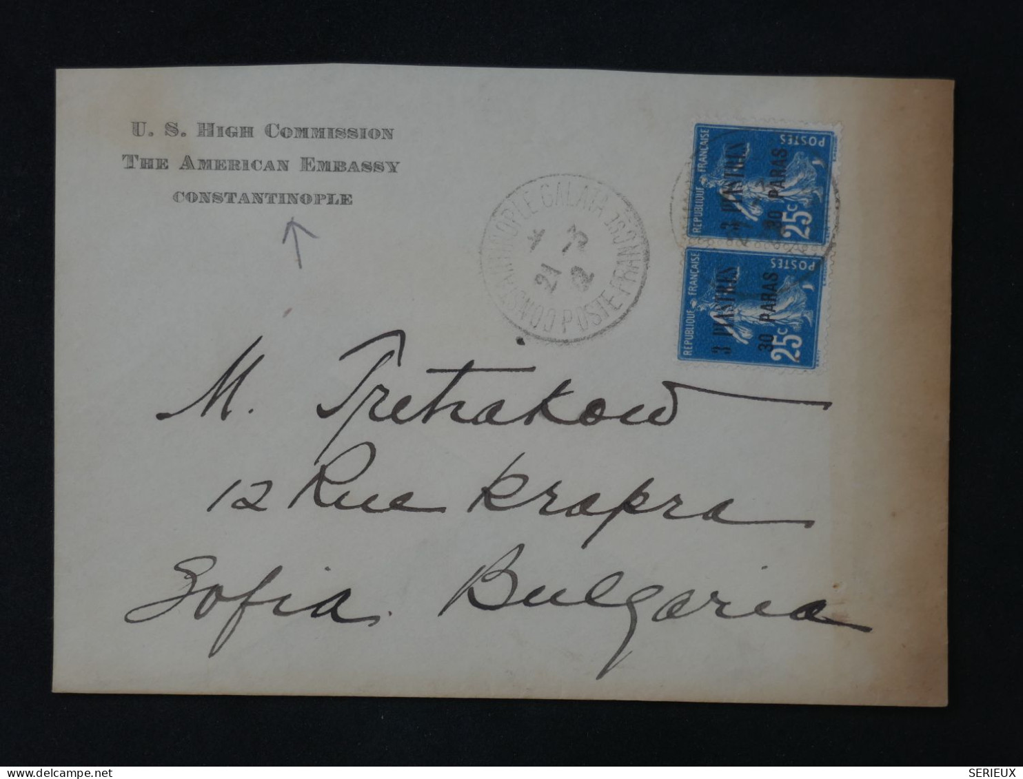 BV15 LEVANT FRANCE  BELLE LETTRE TRES RARE  1922 AMERICAN AMBASSY CONSTANTINOPLE A SOFIA BULGARIE   +2X TP SURCHARGE+ - Cartas & Documentos