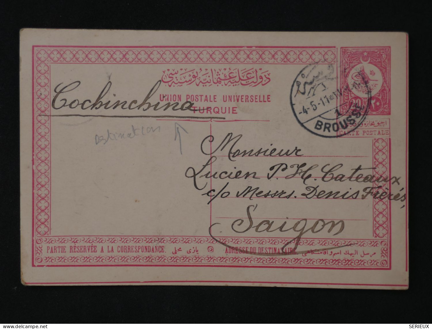 BV15 TURQUIE   BELLE CARTE ENTIER  RARE  1911 BROUSSE A SAIGON COCHINCHINA+AFF. INTERESSANT+++ - Lettres & Documents