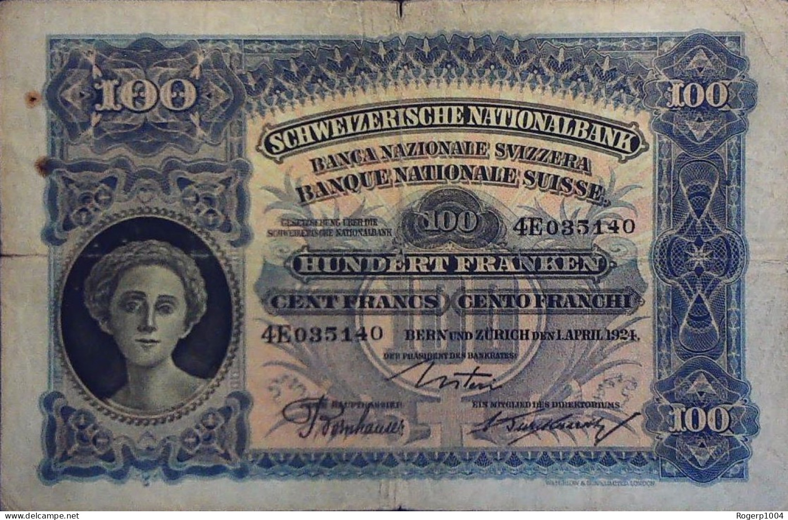 SWITZERLAND/SUISSE * 100 Francs * Type Faucheur * Date 01/04/1924 * 2ème émission * État/Grading TB-/F - Switzerland