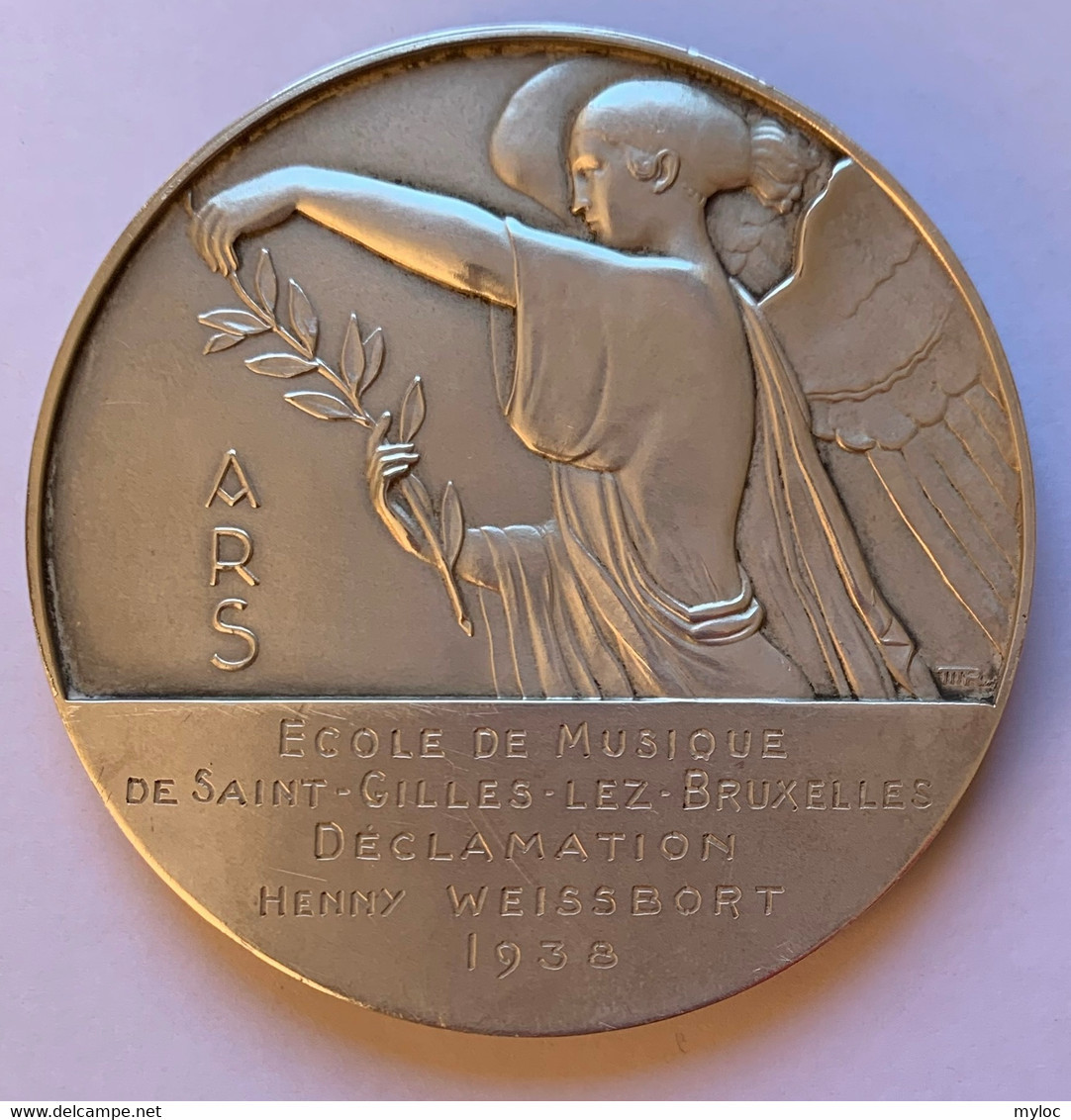 Médaille Bronze Argenté. Ecole De Musique Saint-Gilles-Lez-Bruxelles. Déclamation Henny Weissbort 1938. Léopold III Rex - Professionals / Firms