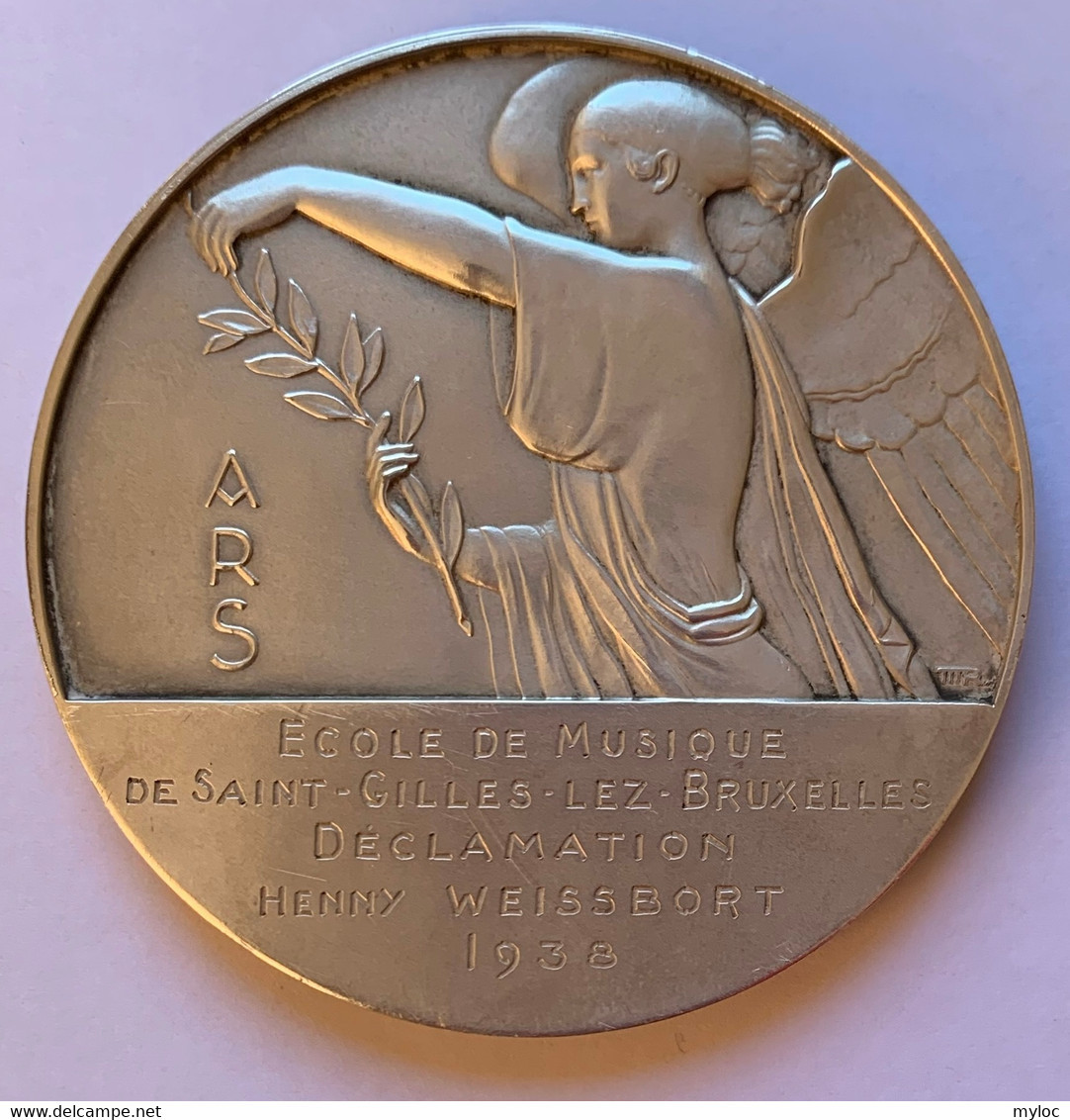 Médaille Bronze Argenté. Ecole De Musique Saint-Gilles-Lez-Bruxelles. Déclamation Henny Weissbort 1938. Léopold III Rex - Professionali / Di Società