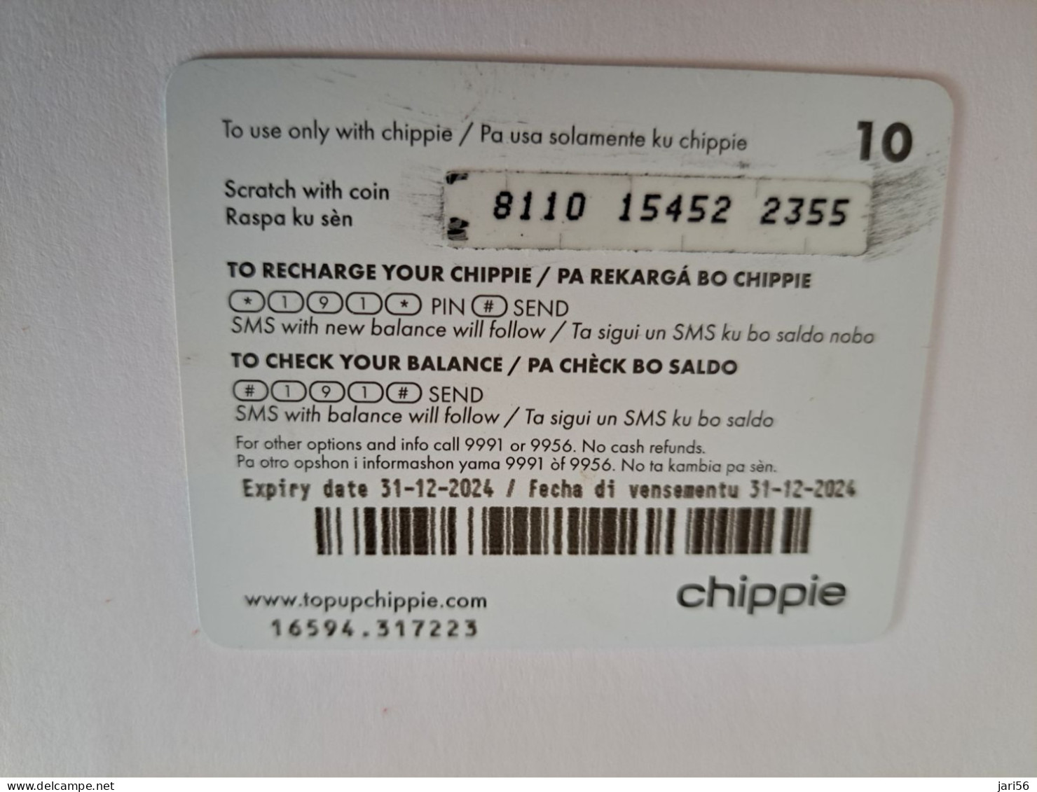 CURACAO PREPAID / CHIPPIE PREPAID CARD  ANG 10,- ,- DATE -31-12-2024 / USED CARD     **13988 ** - Antilles (Netherlands)