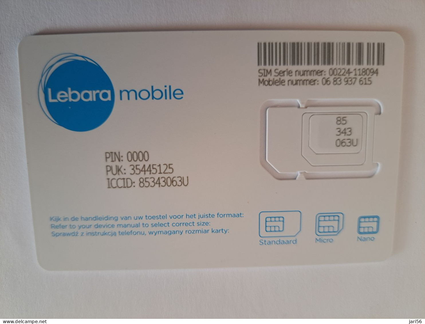 NETHERLANDS  GSM /SIM CARD LEBARA BLUE  /  MINT   ** 13991** - Public