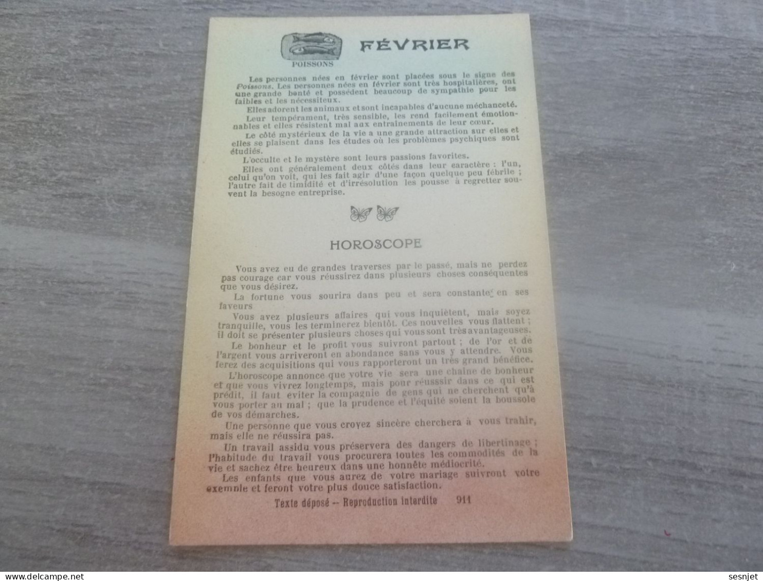 Horoscope - Février - Poissons - Fabrication Française - 911 - Année 1907 - - Genealogie