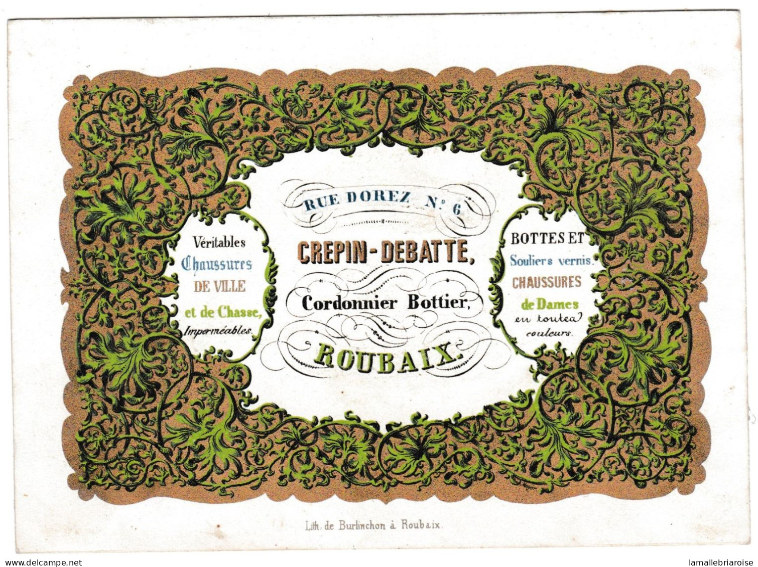 Nord, "Carte Porcelaine" Crepin - Debatte Cordonnier Bottier , Roubaix, Dim:140 X 102mm - Porcelana