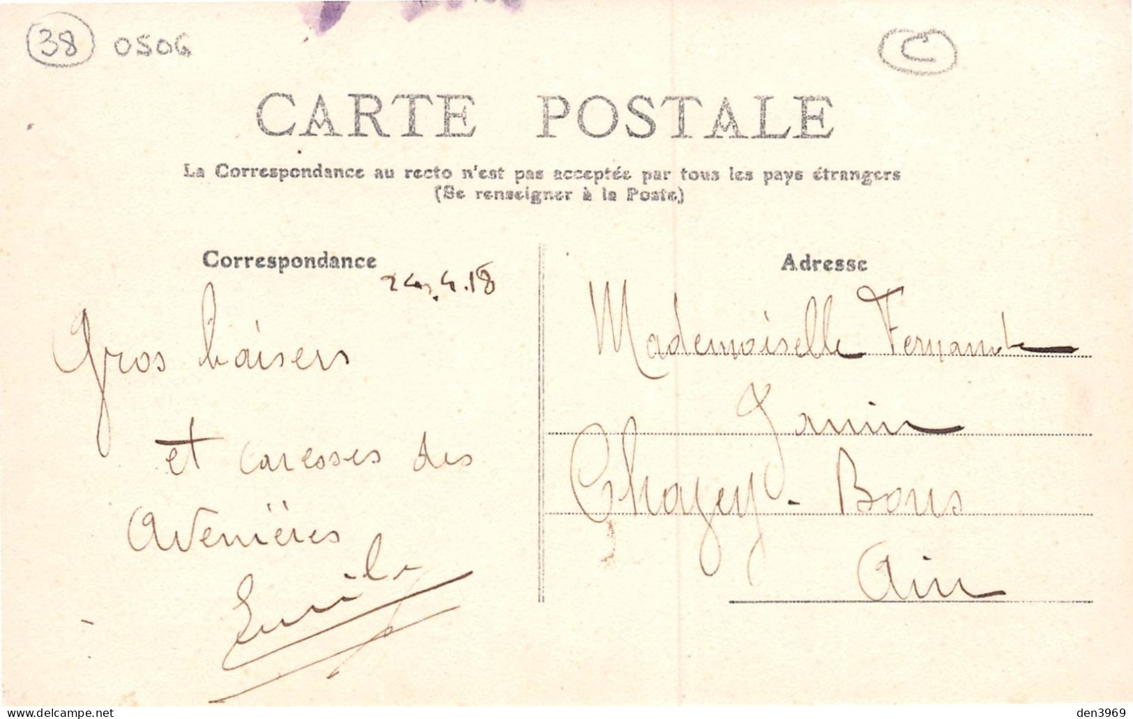 Un Baiser De Les AVENIERES (Isère) - Ecrit 1918 (2 Scans) Mlle Fernande Janin à Chazey-Bons Ain 01 - Les Avenières