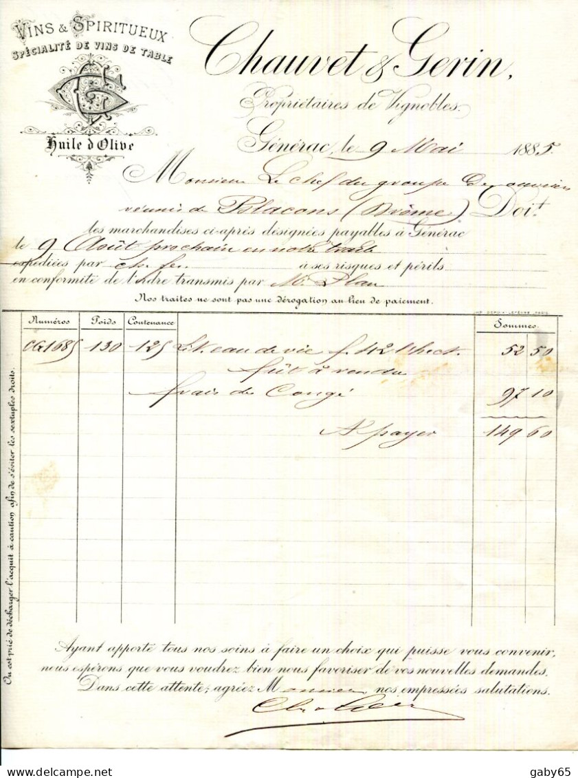 FACTURE.30.GARD.GENERAC.VINS & SPIRITUEUX.VINS DE TABLE.HUILE D'OLIVE.CHAUVET & GERIN PROPRIETAIRES DE VIGNOBLES. - Perfumería & Droguería