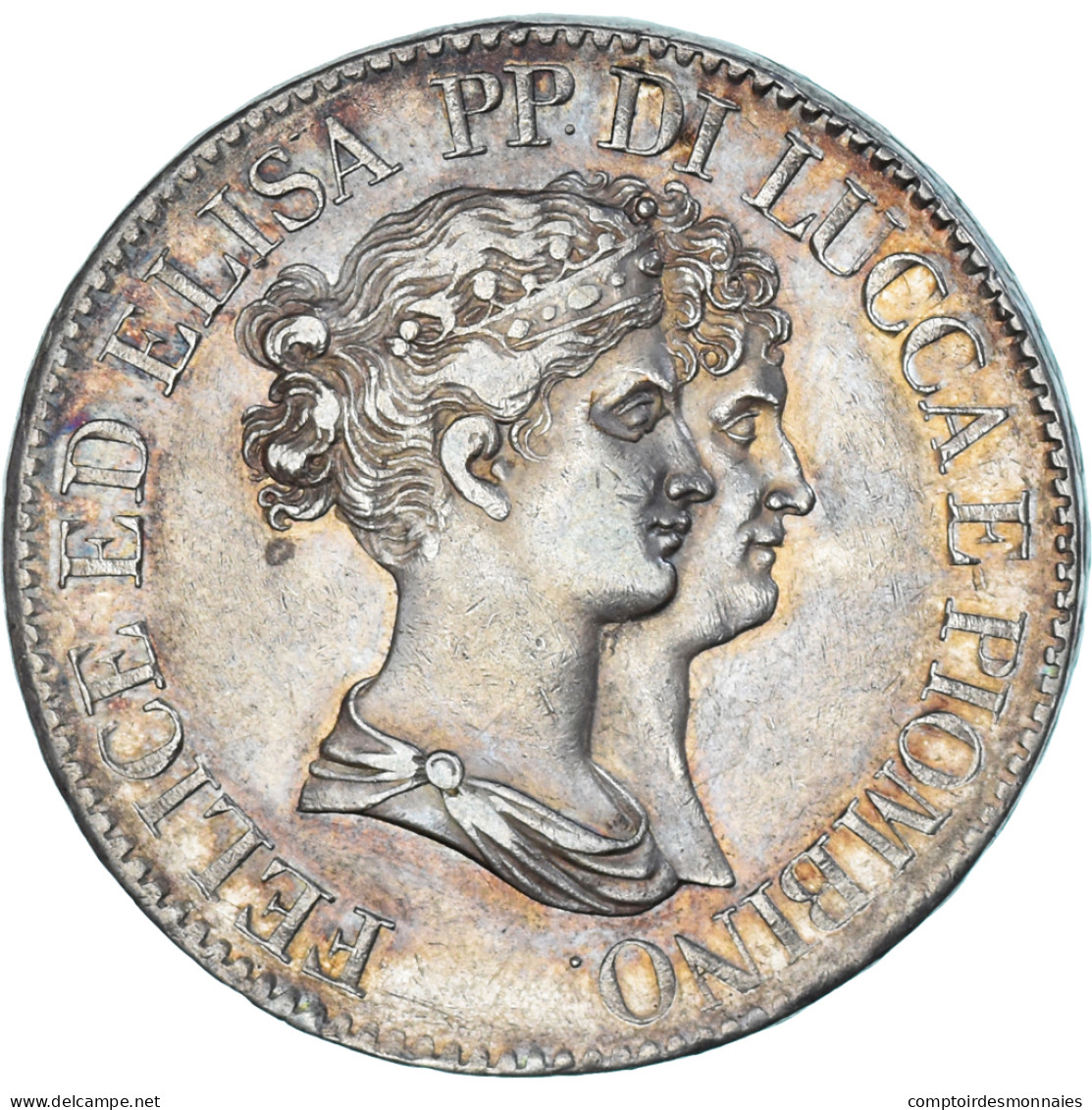 Monnaie, États Italiens, LUCCA, Felix And Elisa, 5 Franchi, 1808/7, Firenze - Lucca