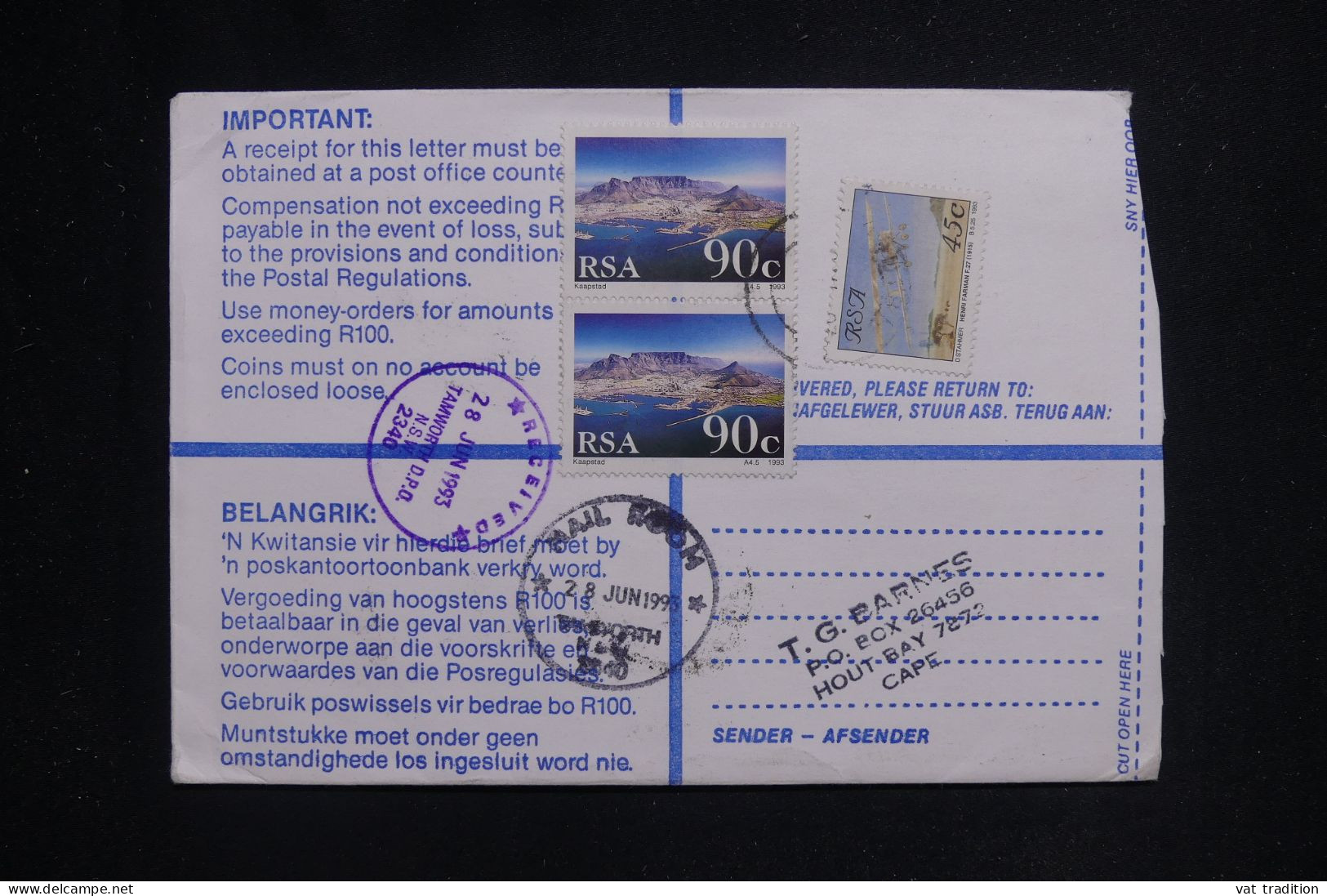 AFRIQUE DU SUD - Enveloppe En Recommandé De Houtbaai Pour L'Australie En 1993, Affranchissement Recto/ Verso - L 144772 - Briefe U. Dokumente