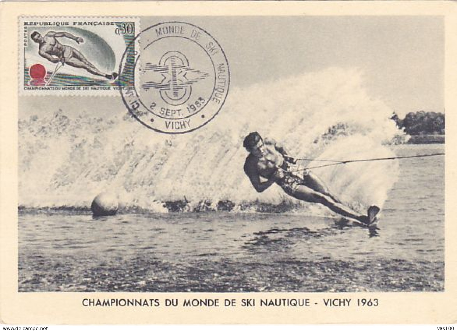 SPORTS, WATER SKIING, VICHY WORLD CHAMPIONSHIPS, CM, MAXICARD, CARTES MAXIMUM, 1963, FRANCE - Ski Náutico