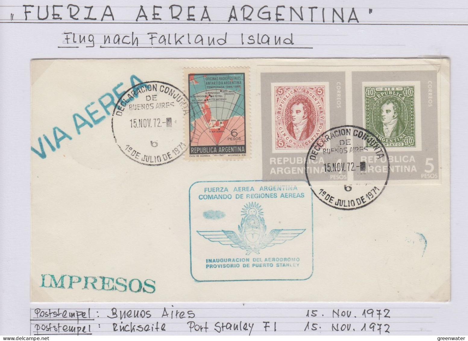 Argentina Vuelo Inaugural De Buenos Aires To Puerto Stanley (Falklands) Cover Ca Buenos Aires 15 NOV 1972 (WB152) - Vuelos Polares