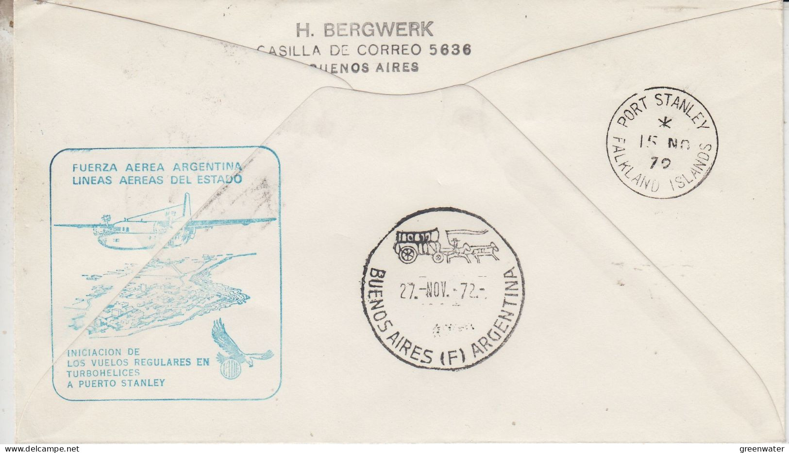 Argentina Vuelo Inaugural De Buenos Aires To Puerto Stanley (Falklands) Cover Ca Buenos Aires 15 NOV 1972 (WB152) - Vols Polaires