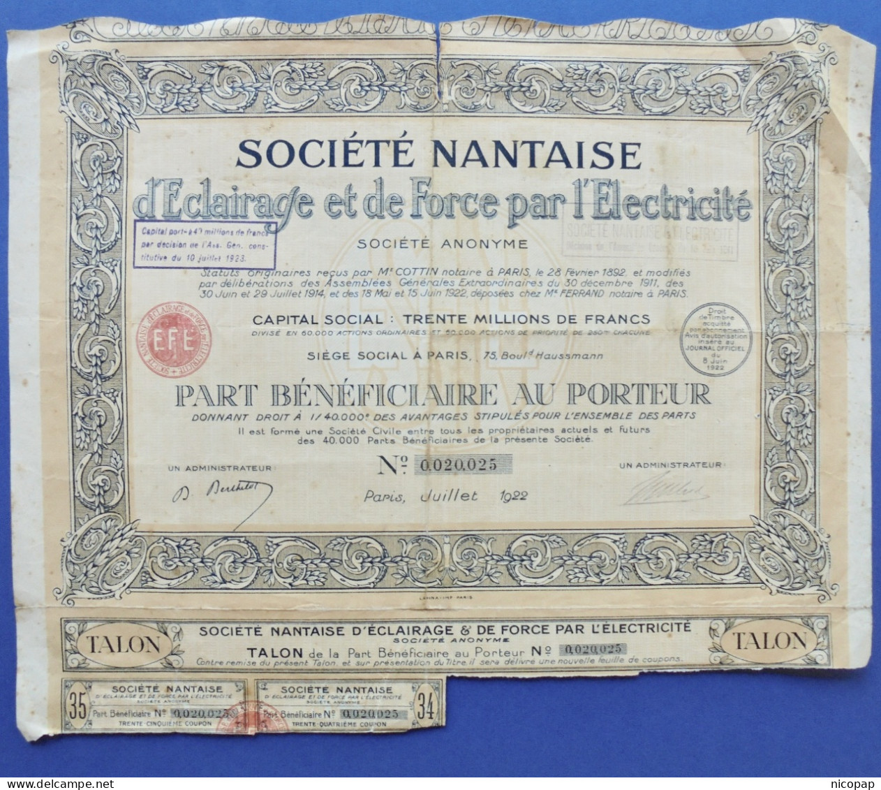 Société Nantaise D'Eclairage Et De Force Par L'Electricité, 1922, Part Bénéficiaire - Elektrizität & Gas