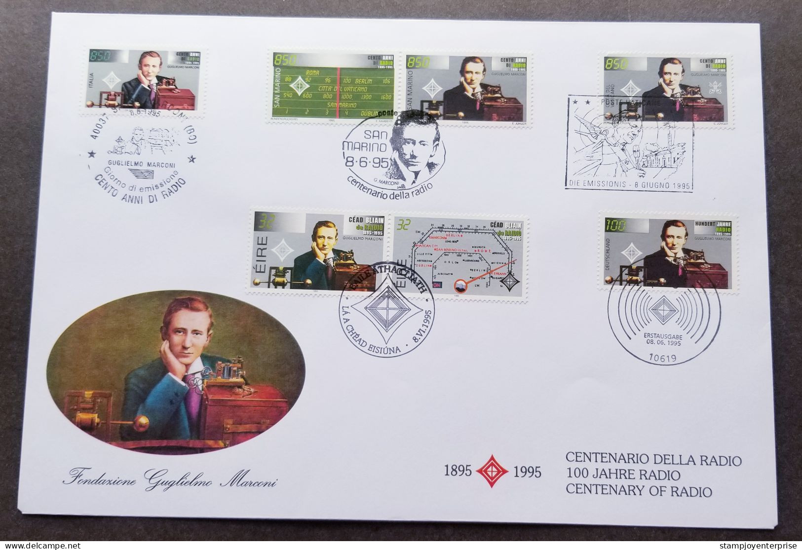Ireland Italy Germany San Marino Vatican Joint Issue Centenary Radio 1995 Guglielmo Marconi (joint FDC) *diff Postmark - Storia Postale