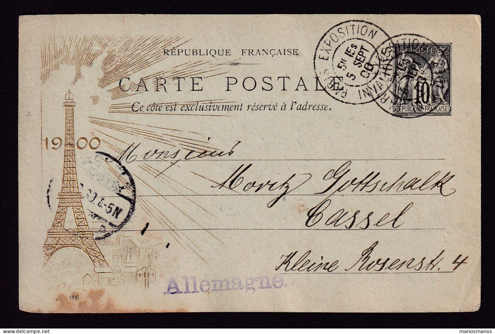 634/39 -- FRANCE Entier Postal Sage - Repiquage Tour Eiffel + Verso Deutsches Haus - Cachet PARIS Expo Invalides 1900 - 1900 – Parigi (Francia)