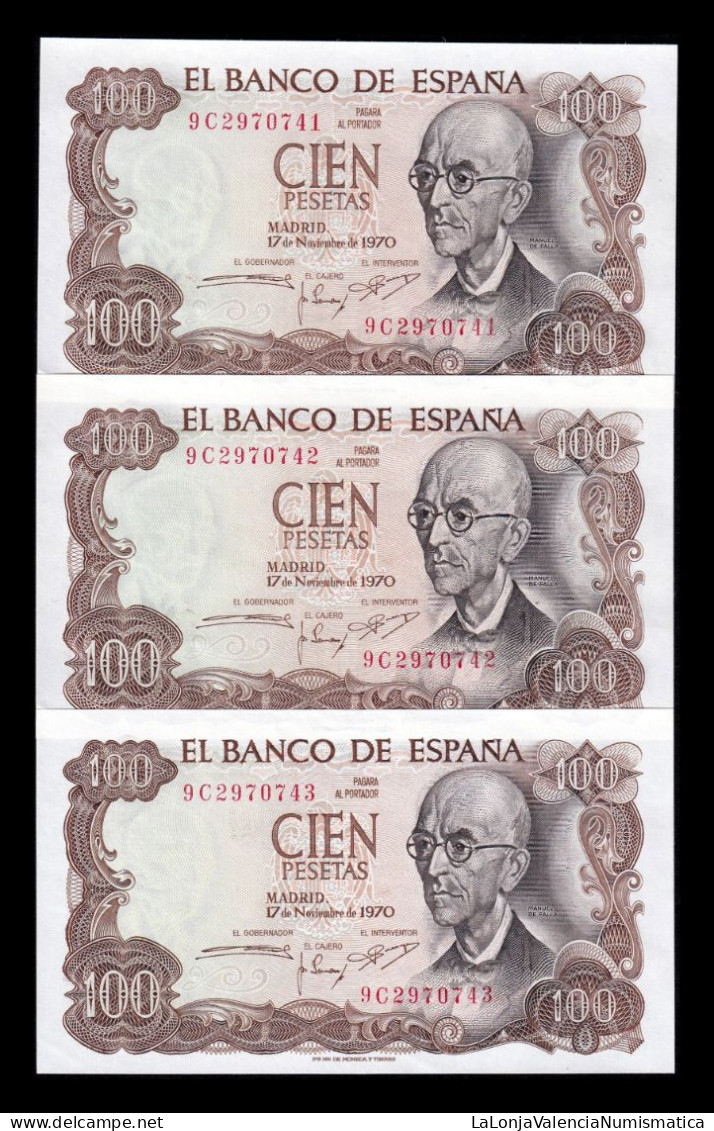 España Spain Trío Correlativo 100 Pesetas M. Falla 1970 Pick 152r Serie 9C Reposición Sc- AUnc - 100 Pesetas