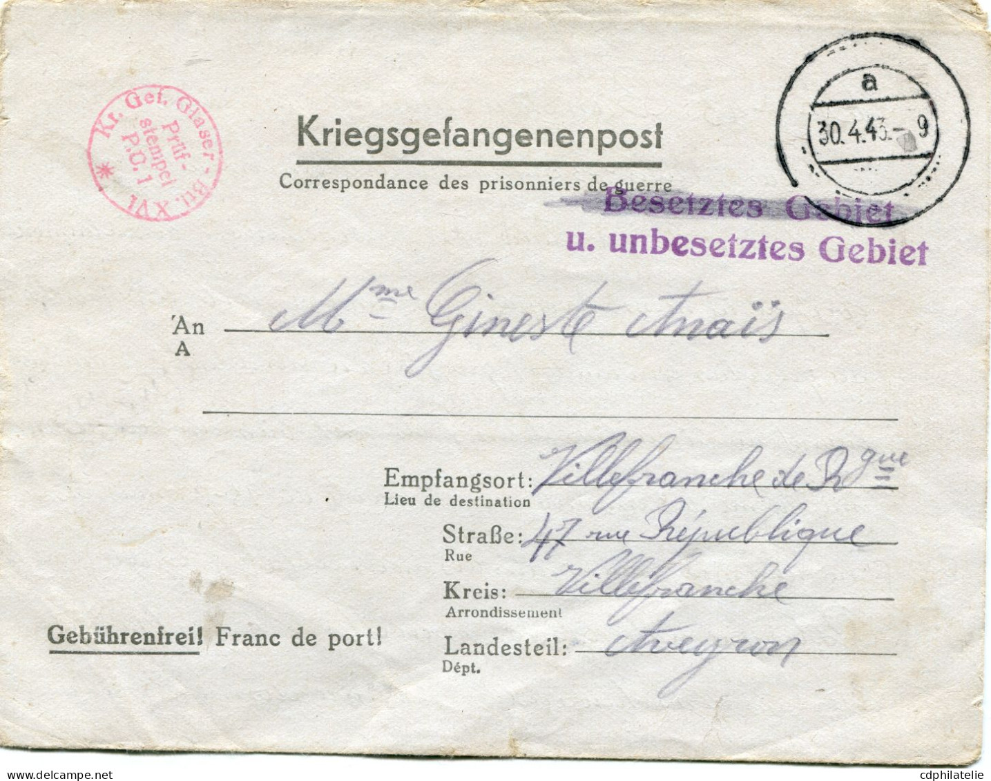 ALLEMAGNE CARTE-LETTRE CORRESPONDANCE POUR PRISONNIERS DE GUERRE AVEC CACHET ROUGE "GLASER" BATAILLON POUR LES VITRIERS - Verres & Vitraux