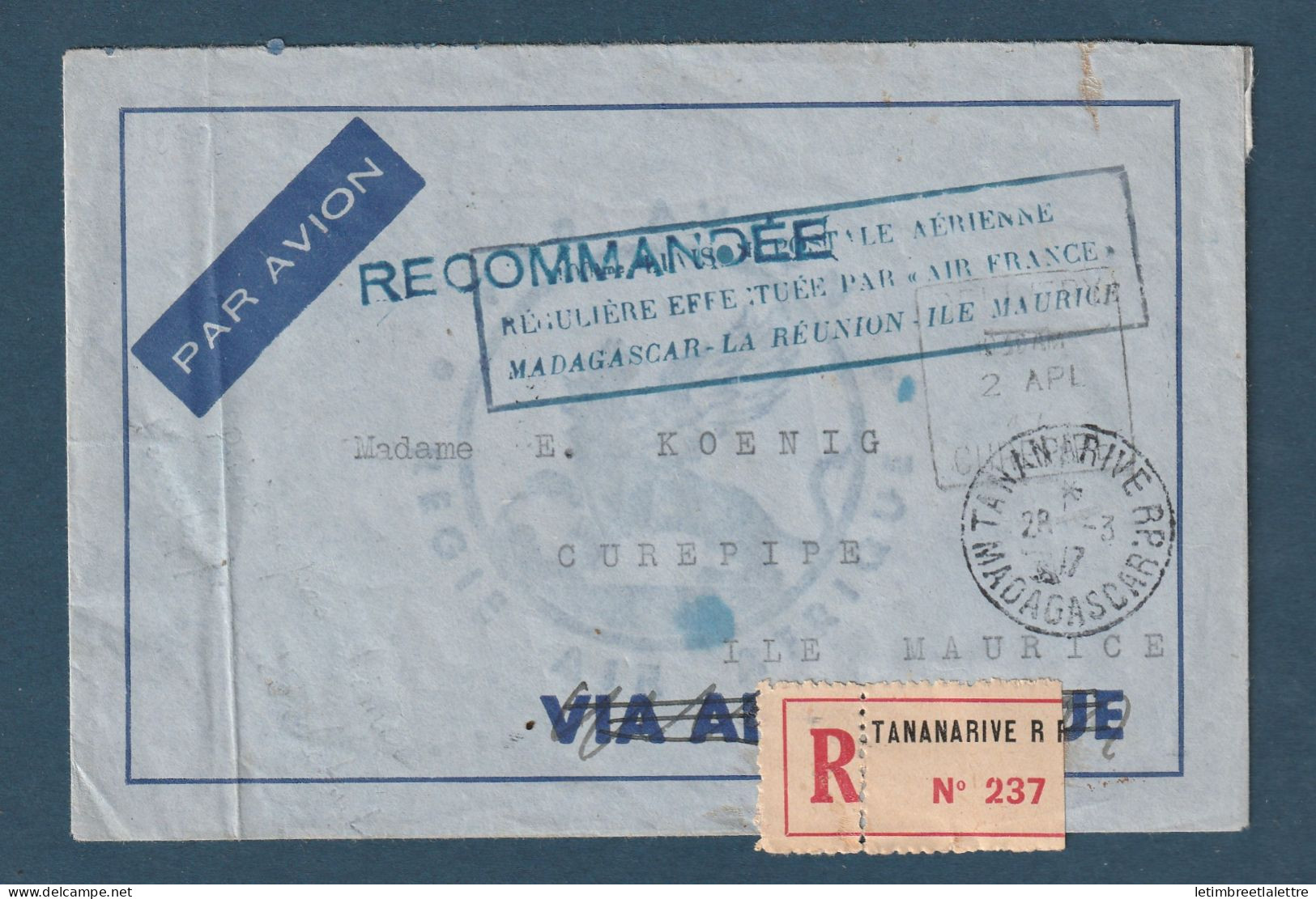 Madagascar - Recommandé - Via Liaison Aérienne Air France Madagascar La Réunion Et Ile Maurice - 1947 - Airmail