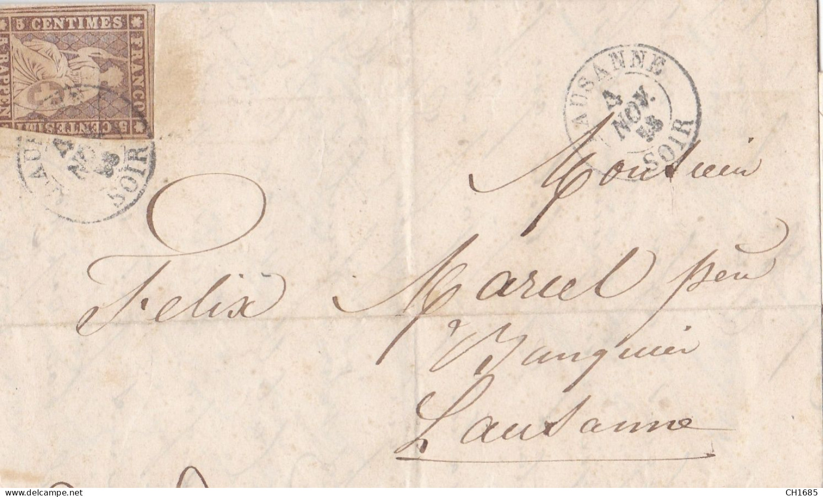 Suisse Helvétia 5 Rappen Sur Lettre Cachet Lausanne Soir De 1858 - Lettres & Documents
