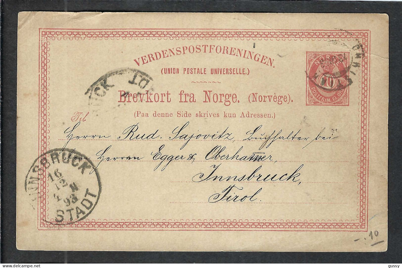 NORVEGE Ca.1893: CP Entier De 10o. De Christiania Pour Innsbruck (Autriche) - Entiers Postaux