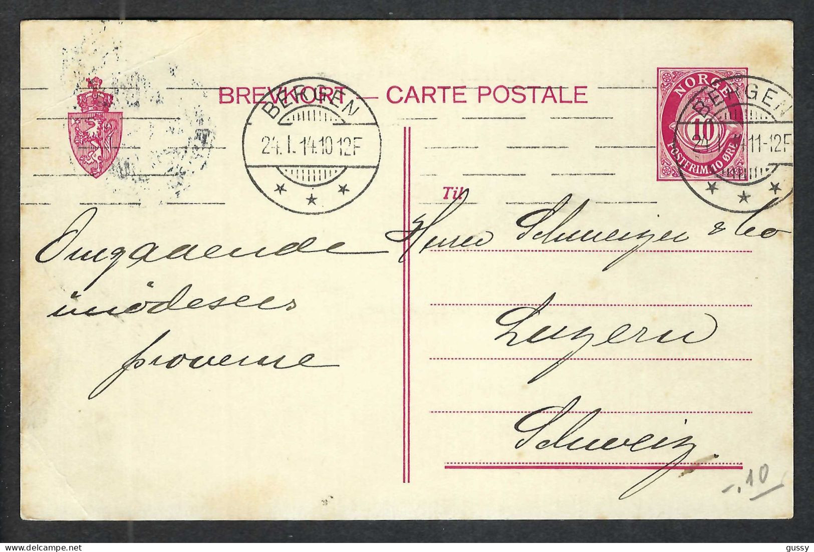 NORVEGE Ca.1910: CP Entier De 10o. De Bergen Pour Lucerne (Suisse) - Entiers Postaux