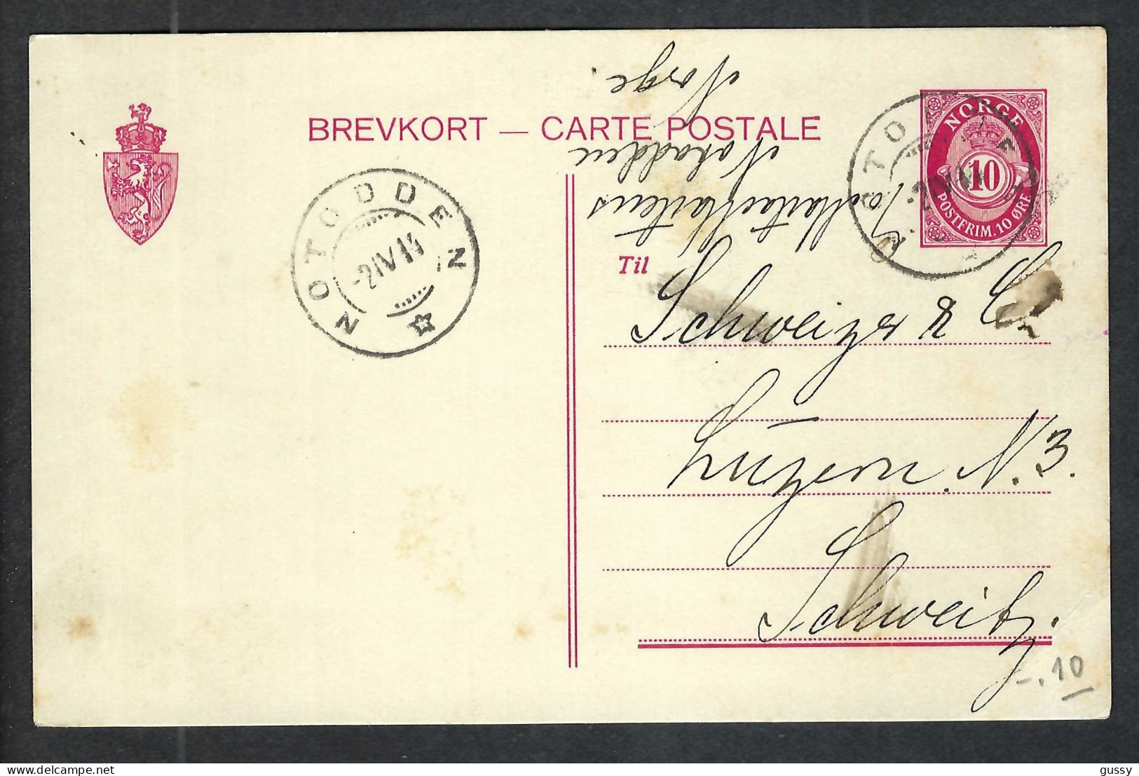 NORVEGE Ca.1914: CP Entier De 10o. De Notodden Pour Lucerne (Suisse) - Entiers Postaux