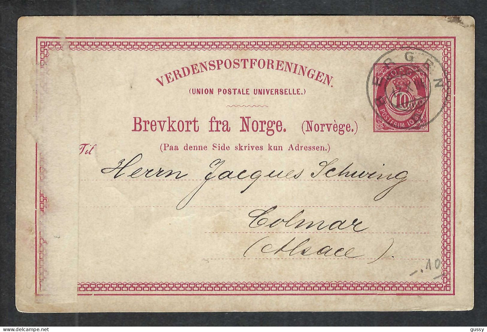 NORVEGE Ca.1894: CP Entier De 10o. De Bergen Pour Colmar (France) - Entiers Postaux