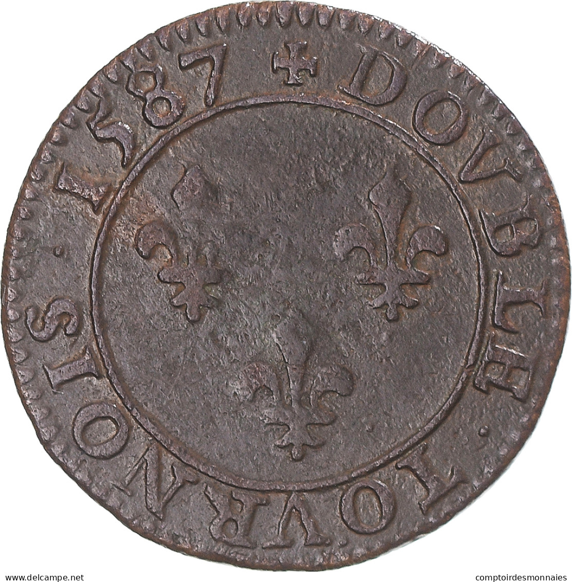 Monnaie, France, Henri III, Double Tournois, 1587, Paris, TB+, Cuivre - 1574-1589 Heinrich III.