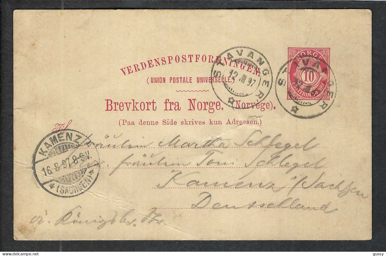 NORVEGE Ca.1897: CP Entier De 10o. De Stavanger Pour Kamenz (Allemagne) - Entiers Postaux