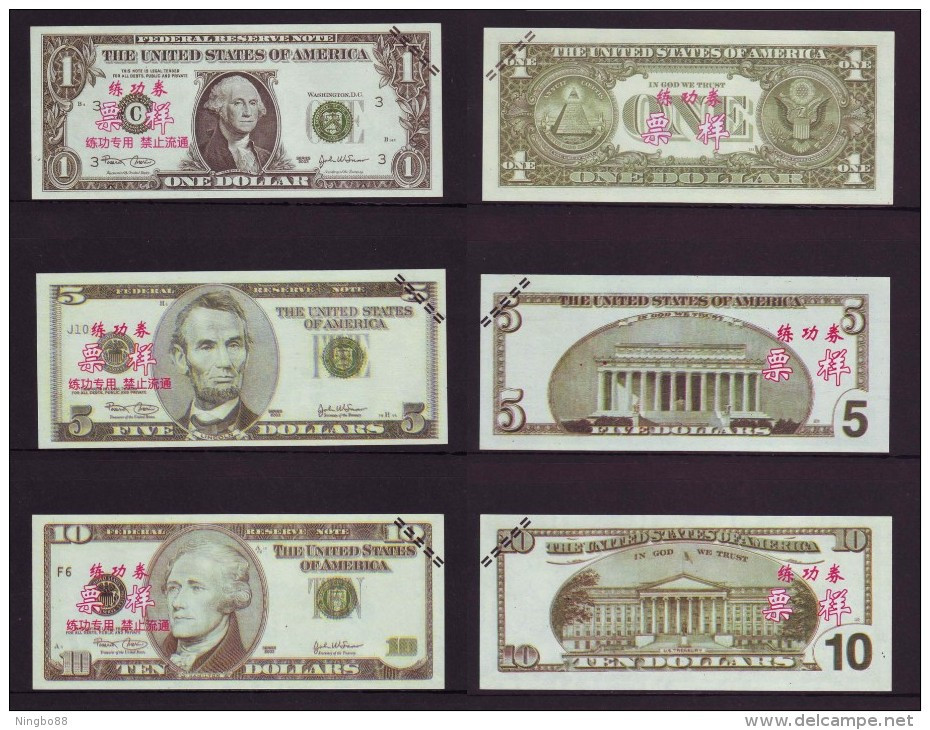 China BOC Bank (Bank Of China) Training/test Banknote,United States C Series 6 Different Dollars Specimen Overprint - Colecciones Lotes Mixtos