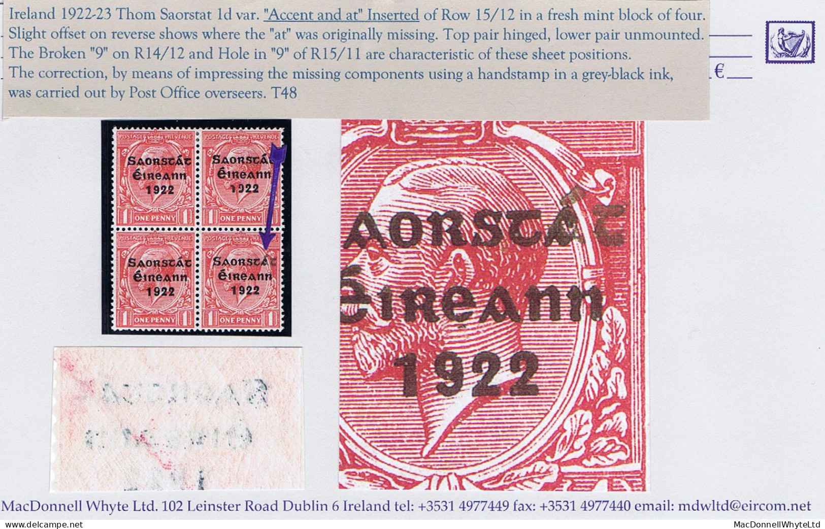 Ireland 1922-23 Thom Saorstat 1d Variety "Accent And At Inserted By Hand" R15/12 In A Block Of 4 Mint - Neufs