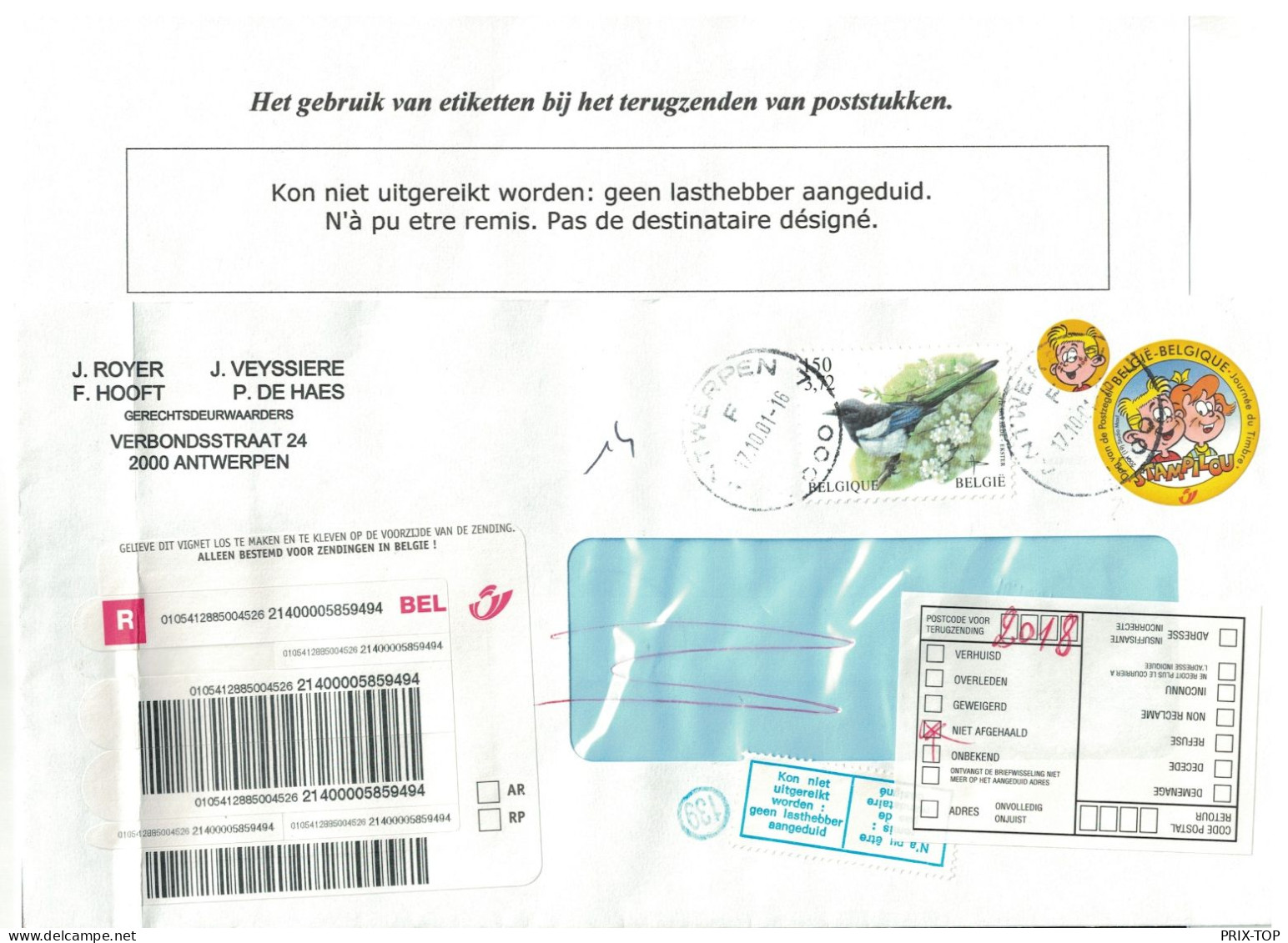 TP Oiseau Buzin + Stampilou S/L. Recommandée > Antwerpen 2 Obl. Verso + 2 Labels Kon Niet Uitgereikt Worden & Niet Afg.. - Cartas & Documentos
