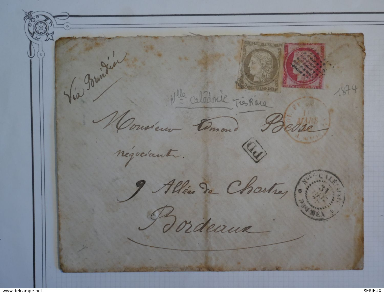 C NOUVELLE CALEDONIE BELLE LETTRE TRES RARE  1874 NOUMEA A BORDEAUX FRANCE+AFF. COMBINAISON RARE A 1F10+++ - Covers & Documents