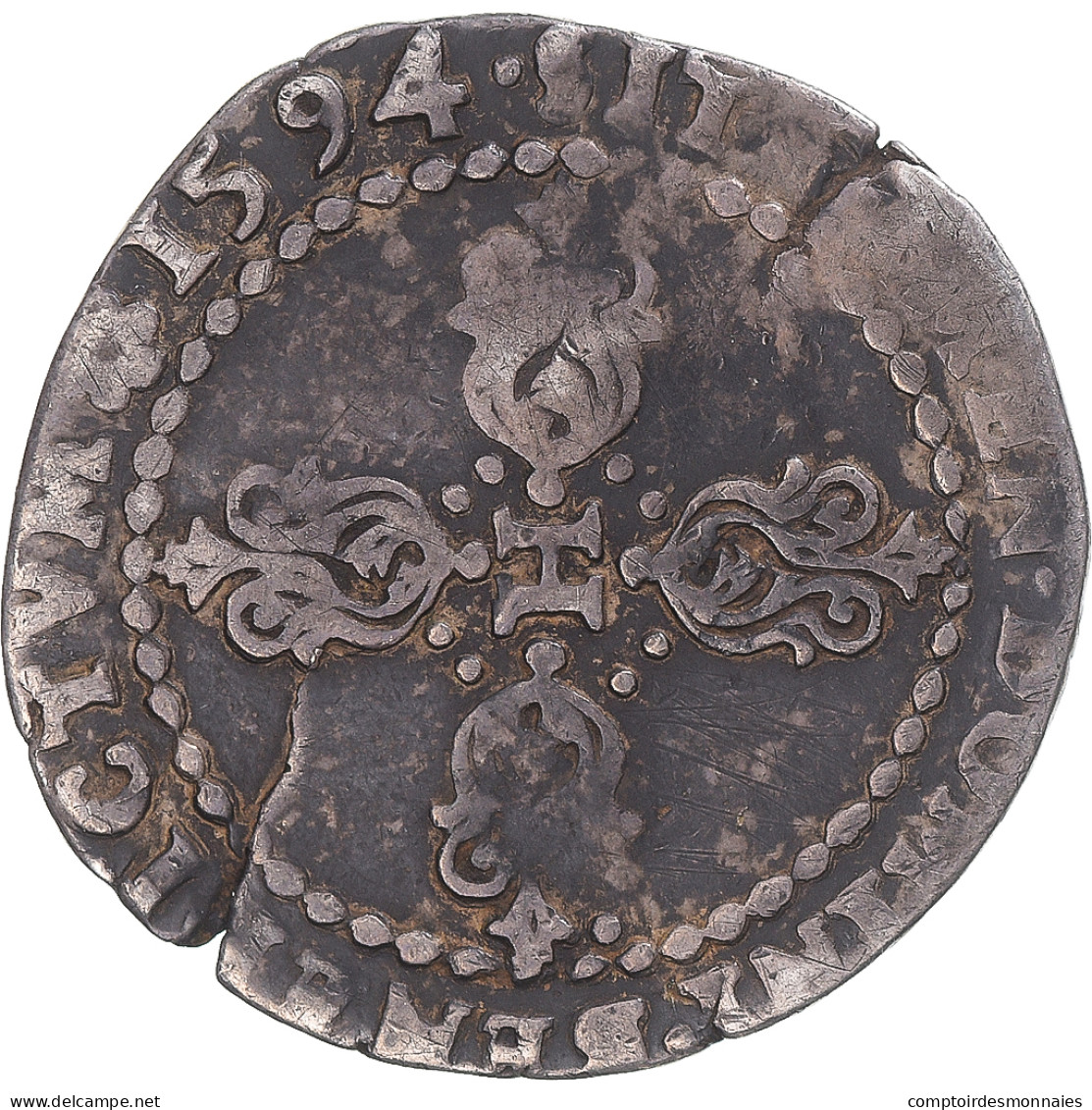 Monnaie, France, Henri IV, 1/4 Franc, 1594, Rouen, Inédit !, TB+, Argent - 1589-1610 Enrique IV