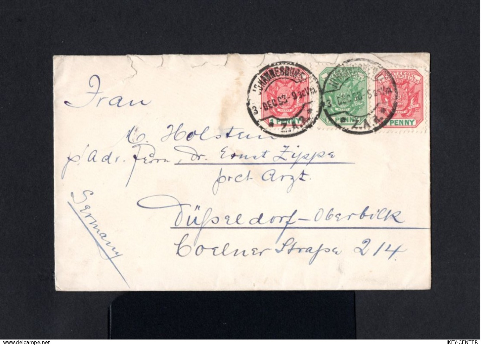 S5259-SOUTH AFRICA-OLD COVER JOHANNESBURG To DUSSELDORF (germany) 1898.Enveloppe AFRIQUE DU SUD - New Republic (1886-1887)