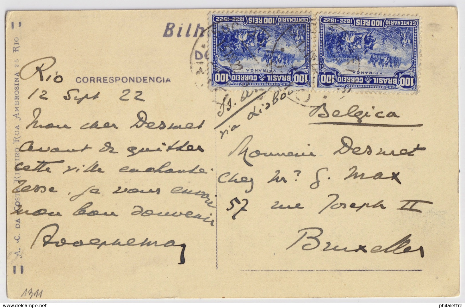 BRAZIL - 1922 - 2xMi.145 100r Centenary Of Independance On Post Card Of Praia Do Anel From SUC DE CAIXAS To Belgium - Brieven En Documenten