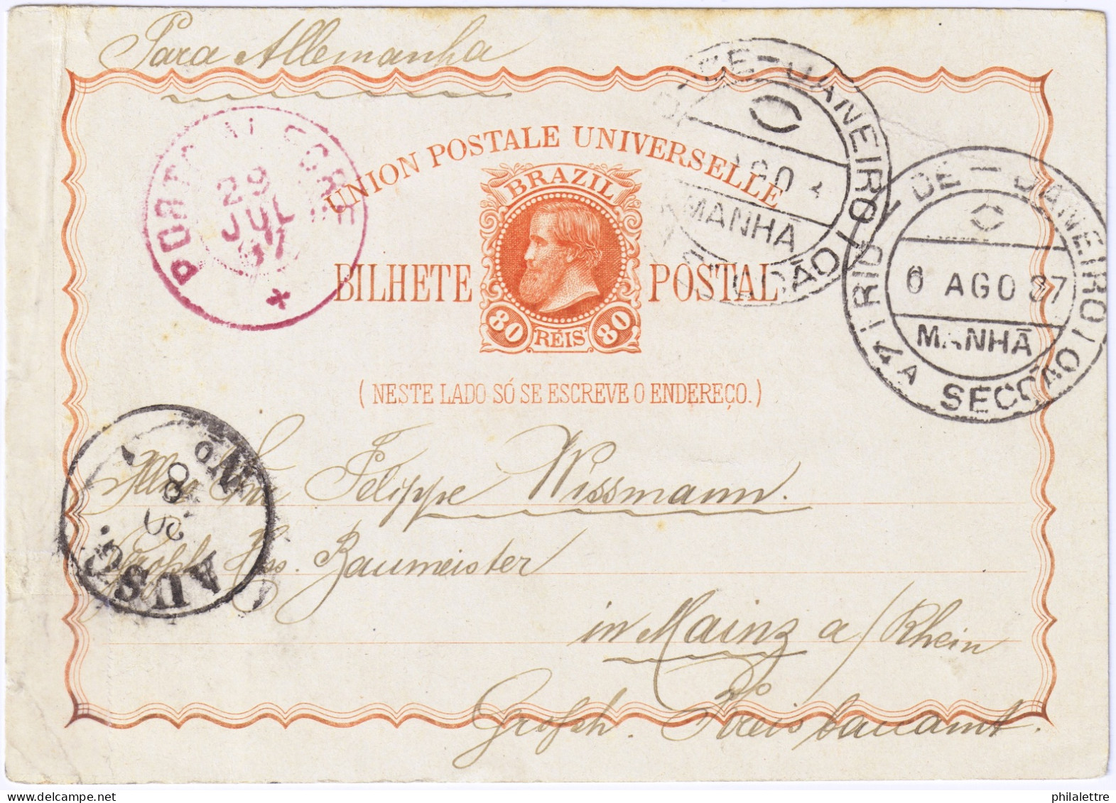BRAZIL - 1887 - 80 Réis Postal Card Addressed From PORTO ALEGRE To Mainz, Germany Via Rio De Janeiro - Postwaardestukken