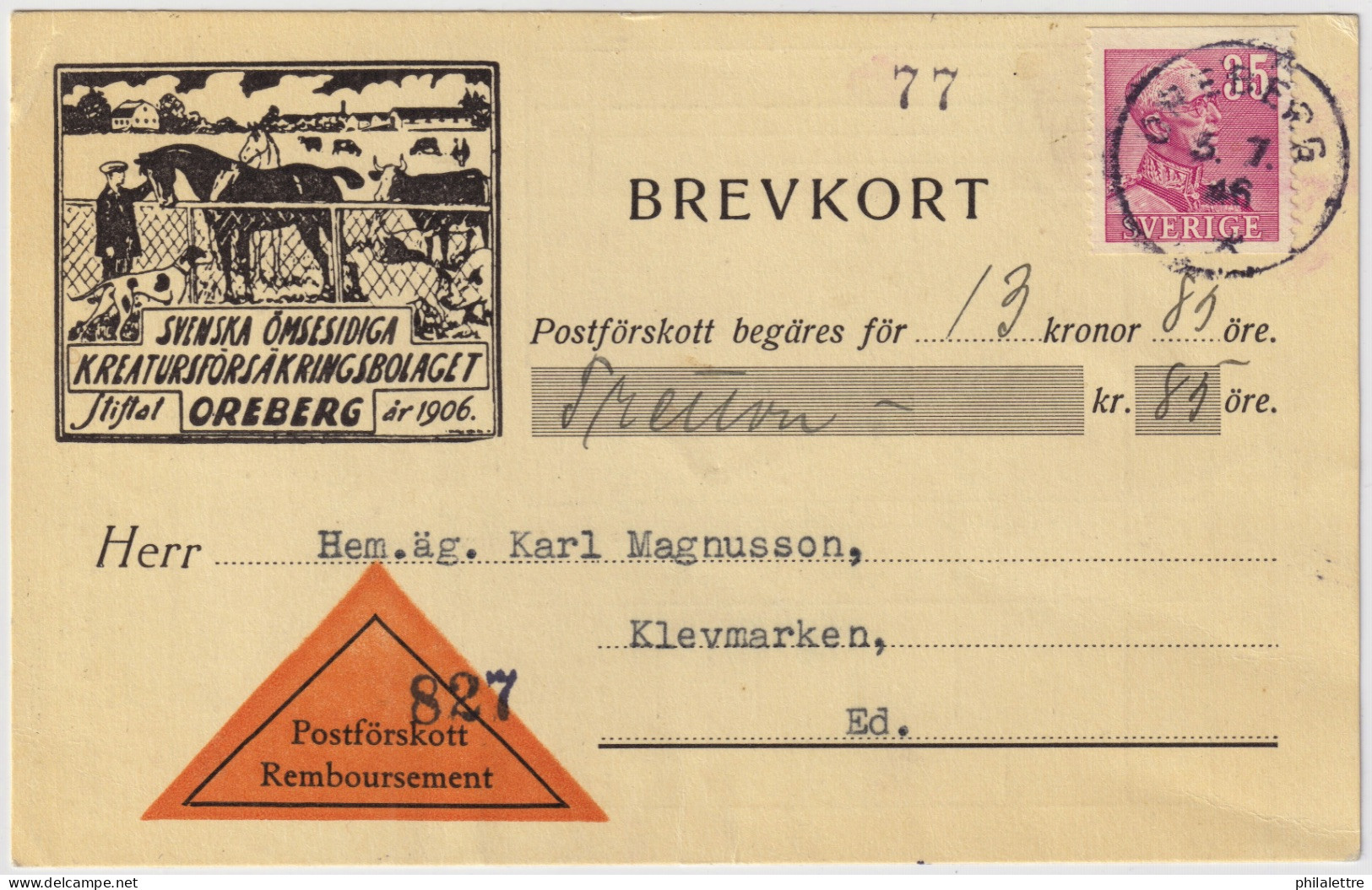 SWEDEN - 1946 - Facit F280 On C.O.D. ("Contre Remboursement") Illustrated Post Card From OREBERG To KLEVMARKEN - Briefe U. Dokumente