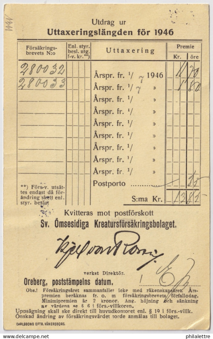 SWEDEN - 1946 - Facit F280 On C.O.D. ("Contre Remboursement") Illustrated Post Card From OREBERG To KLEVMARKEN - Storia Postale