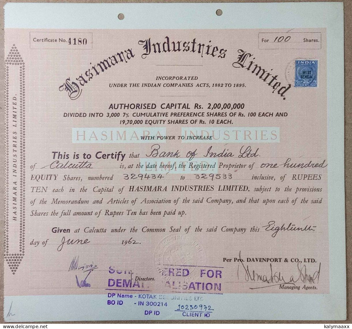 INDIA 1962 HASIMARA INDUSTRIES LIMITED, TEA INDUSTRY, TEA MANUFACTURER.....SHARE CERTIFICATE - Landwirtschaft