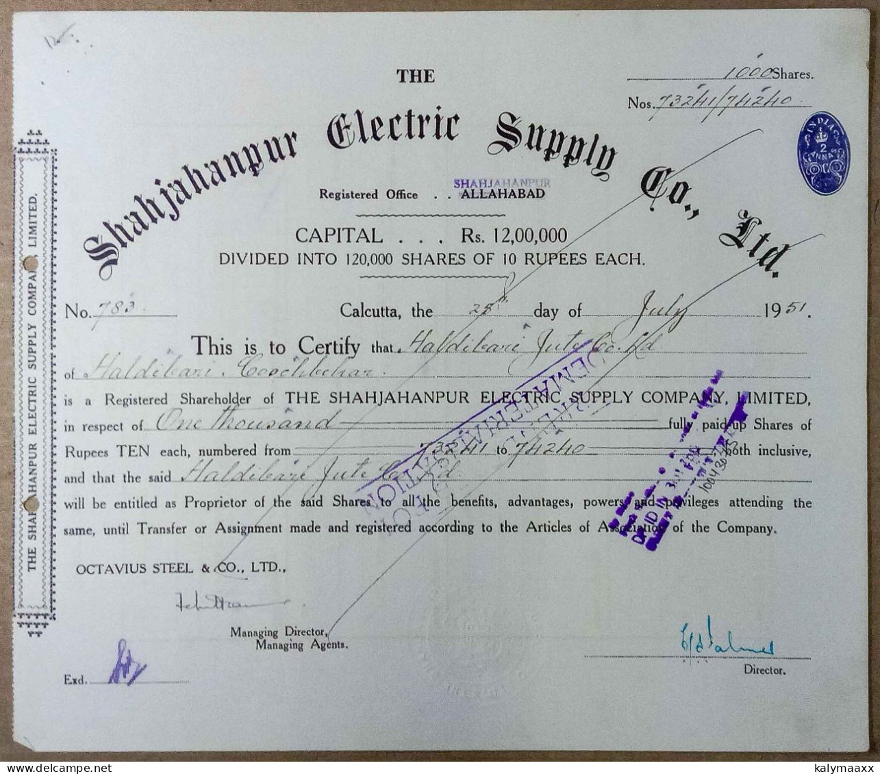 BRITISH INDIA 1951 THE SHAHJAHANPUR ELECTRIC SUPPLY COMPANY LIMITED, ELECTRICITY....SHARE CERTIFICATE - Elektrizität & Gas