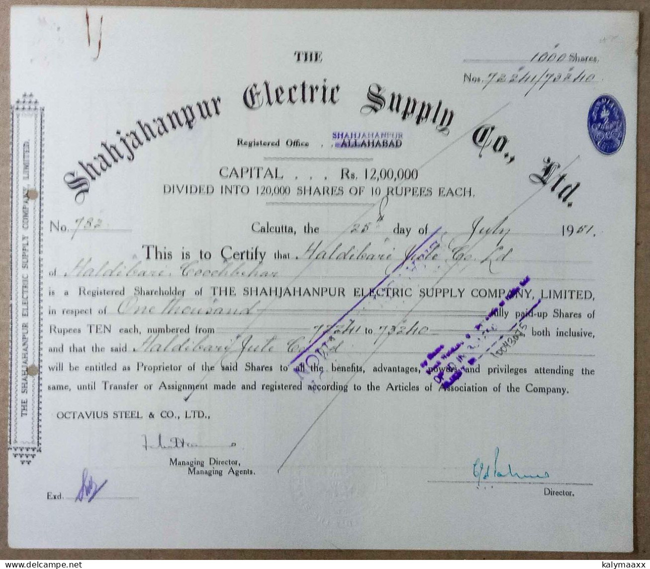 BRITISH INDIA 1951 THE SHAHJAHANPUR ELECTRIC SUPPLY COMPANY LIMITED, ELECTRICITY....SHARE CERTIFICATE - Electricidad & Gas