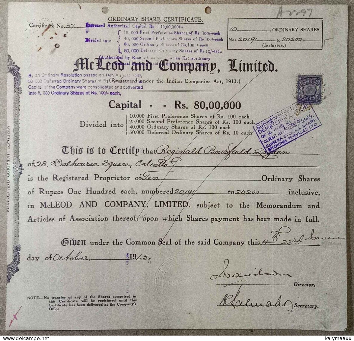 INDIA 1945 McLeod & COMPANY LIMITED, TRANSPORT BUSINESS.....SHARE CERTIFICATE - Trasporti